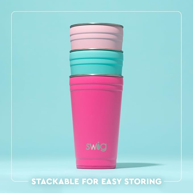 Swig Life 24oz Party Cup, Stackable Insulated Travel Coffee Tumbler with EZ Slider Lid, Cup Holder Friendly, Stainless Steel 24 oz Tumbler, Reusable Coffee Mug (Saturdays in Austin)