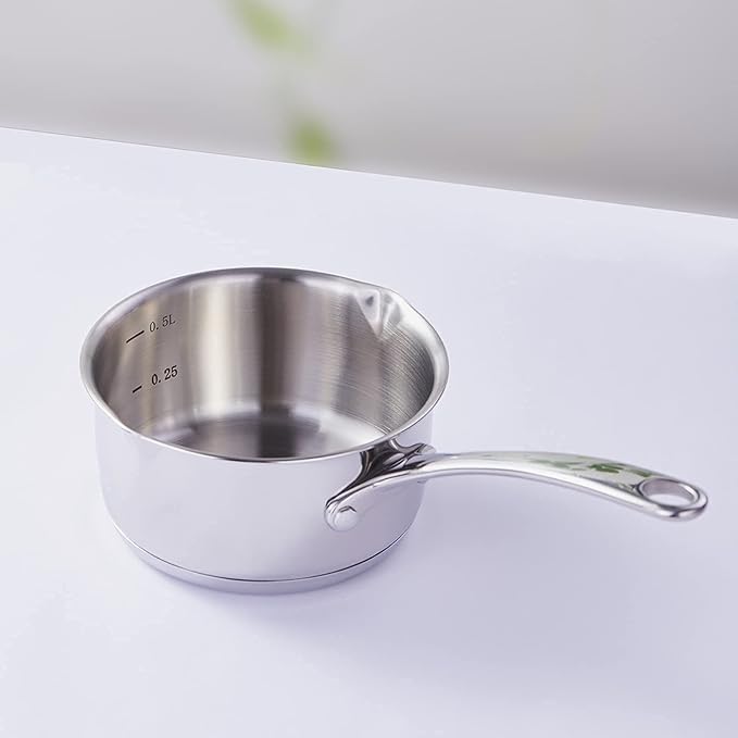 DEAYOU 18/10 Stainless Steel Butter Warmer Measuring Pan, 0.5-Quart Milk Warmer Pot with Dual Pour Spouts, 17OZ Small Sauce Pan for Stove Top, Chocolate Melting, Coffee Tea Soup Warming