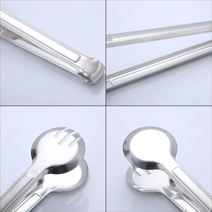 4 PCS Serving Tongs 9 Inch Buffet Tongs Stainless Steel Serving Utensils for Salad Buffet Appetizer Dessert Food Parties, Silver
