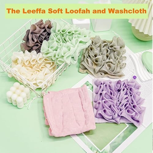 2 in 1 Loofah, 2 in 1 Loofah Sponge Washcloth, Washcloth Loofahs Combo with Drawstring and Hook, Exfoliation Mesh Shower Puff Ball for Body Wash Cleansing and Smooth Skin (3Pcs-A)