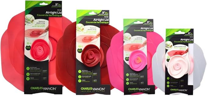 Charles Viancin - Rose Silicone Lid for Food Storage and Cooking - Airtight Seal on Any Smooth Rim Surface (Set of 4-1 Each, 6, 8, 9, and 11 Inch)