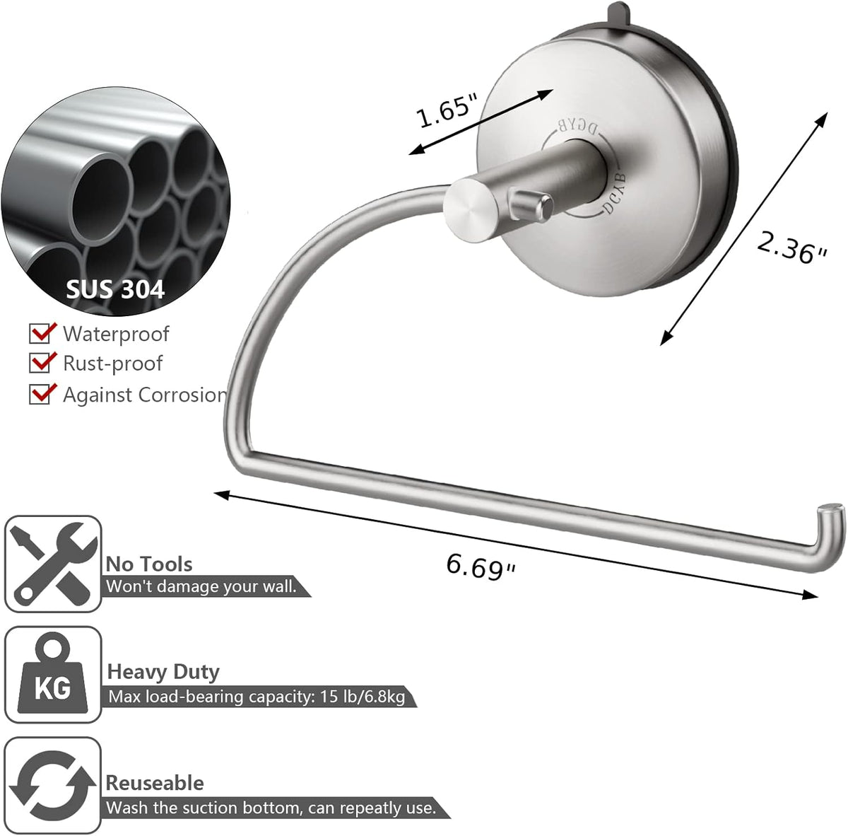 DGYB Suction Cup Hand Towel Ring Brushed Nickel Hand Towel Holder for Bathroom Wall SUS 304 Stainless Steel Kitchen Towel Hanger