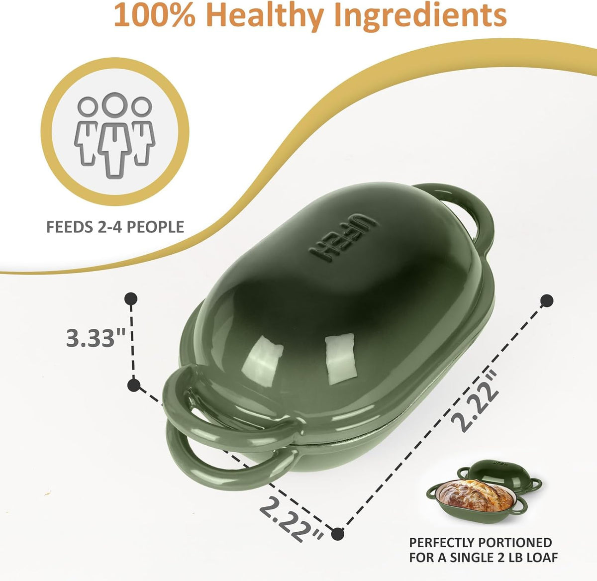 Dutch Oven for Bread Baking – Premium Cast Iron Pot with Lid – Perfect for Sourdough, Artisan Loaves & No-Knead Bread – 2 QT / 1.9L (Enameled, Round, Oven & Stovetop Safe), Green