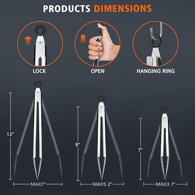 Hotec Stainless Steel Kitchen Tongs, Set of 3-7", 9" and 12", Locking Metal Food Tongs for Cooking, Serving, BBQ, Grill Non-Slip Grip