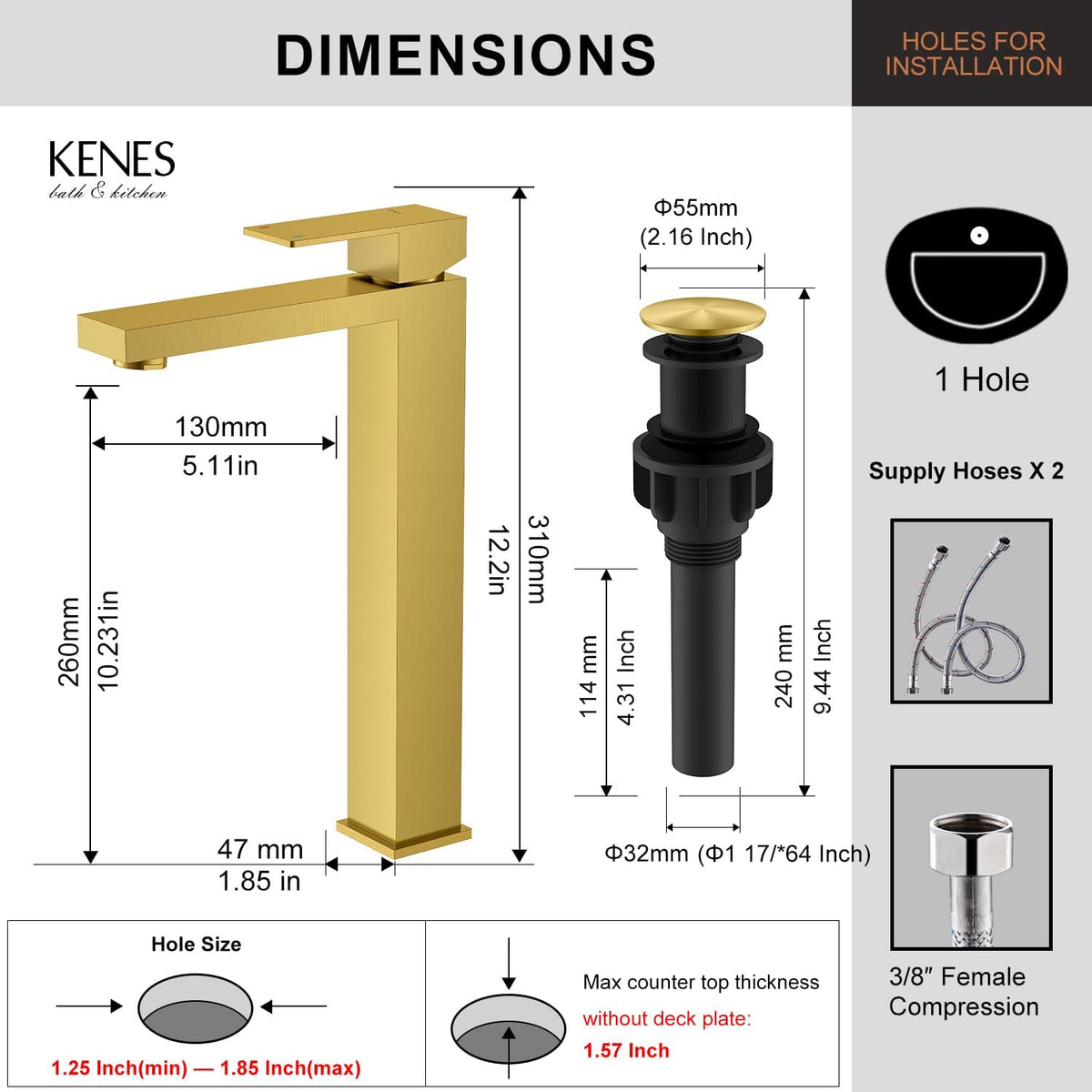 KENES Brushed Gold Tall Bathroom Faucet, Single Handle Vessel Sink Faucet Gold Vanity Bathroom Faucet with Supply Lines and Pop Up Sink Drain, LJ-9031A-4