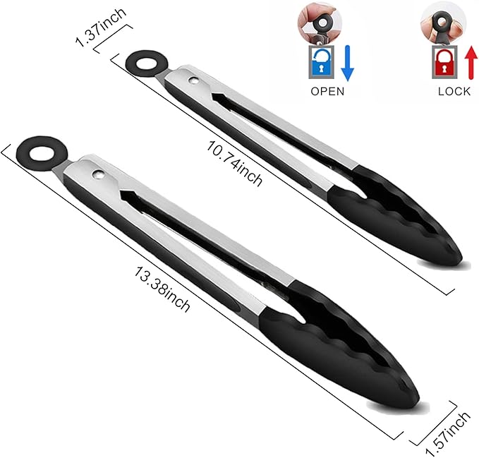 2-Pack of 9" (Small) & 12" (Large) Kitchen Tongs Set: Non-Stick Silicone-Stainless Steel Cooking Tongs, BPA Free, Heat Resistant (480°F) - Non-Slip Grip & Locking Metal Food Tongs (Grey)