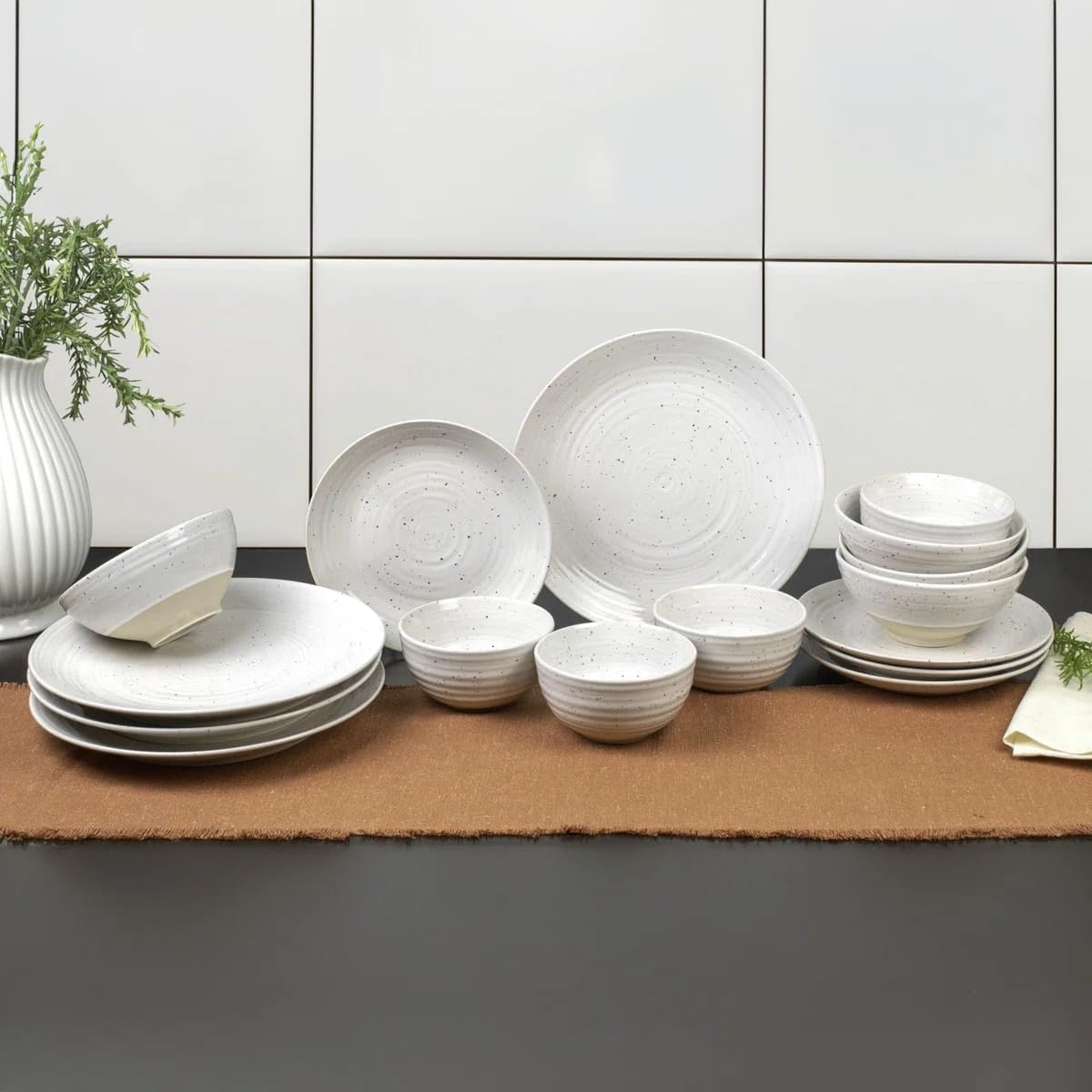 Sango Siterra 16-Piece Rustic White Stoneware Dinnerware Set – Service for 4, White with Glossy Speckle Overlay, for Everyday Dining & Entertainment, Microwave & Dishwasher Safe