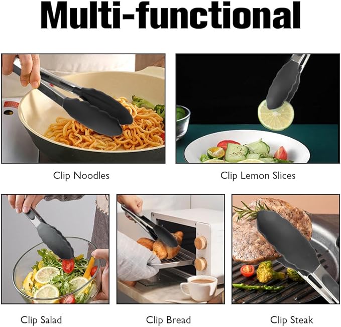 Kitchen Tongs 2 Pcs Tongs for Cooking Black Silicone Tongs 7 Inch 9 Inch Stainless Steel Locking Food Tongs with Silicone Tips Heat Resistant Serving Tong for BBQ Food Grilling Salad Kitchen Utensils