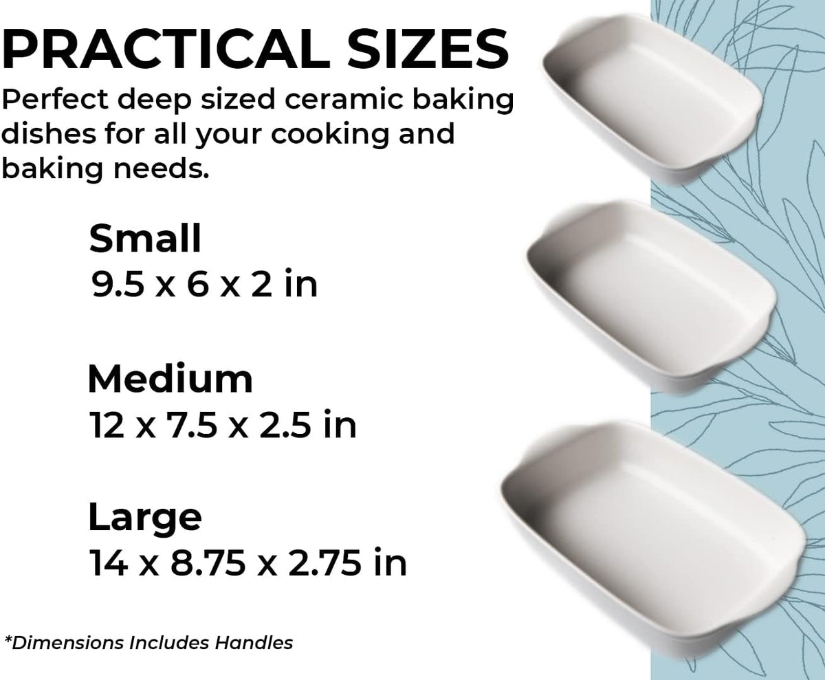 Saffron & Sage Casserole Dish Set of 3 - Baking Dishes for Oven, Contemporary White Ceramic Baking Dish Set, Heavy Duty Bakeware, Up to 500° High Heat Resistant, Dishwasher, Freezer and Food Safe