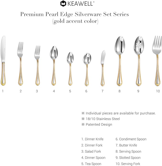 KEAWELL Pearl Edge 4-Piece Premium Spoon Set, 18/10 Stainless Steel, Fine Silverware Spoons with Refined Bead Design, Brightly Polished, Dishwasher Safe (Gold Accent, 7.56" Dinner Spoons)