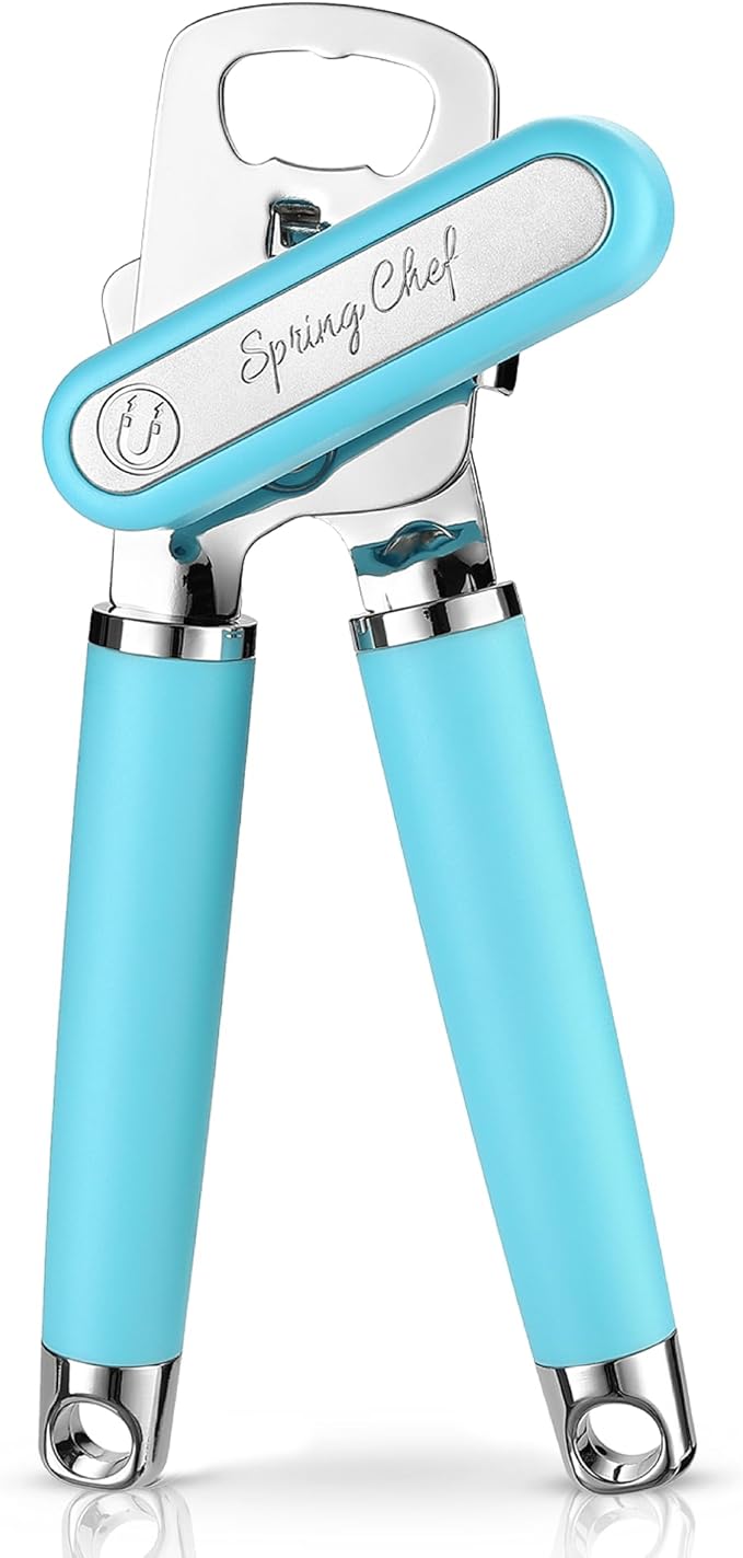 Spring Chef Stainless Steel Can Opener - Manual with Soft Grip Handles, Easy Turn, Heavy Duty Hand Can Openers for Seniors with Smooth Edge - Magnetic Lid Remover - Aqua Sky