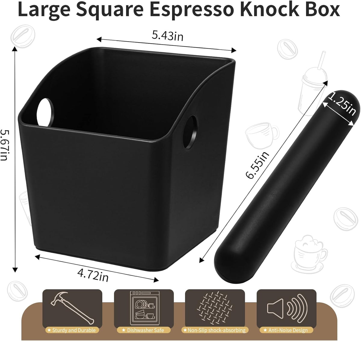 Large Square Knock Box Shock-absorbent Knock Box Espresso with Removable Knock Bar and Non-Slip Base Espresso Accessories for Home/Office (Large Black Knock Box)