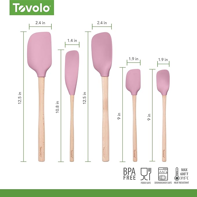 Tovolo Silicone Spatula with Wooden Handle Set of 5 Piece Silicone Kitchen Utensil Set Spoonula Jar Scraper Mini Spatula and Spoonula for Cooking Baking Mixing Folding Pink Sorbet