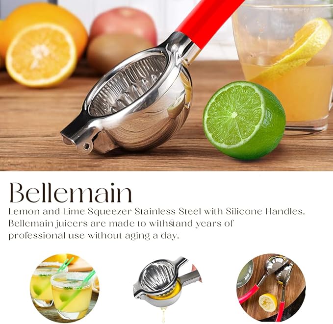 Bellemain Citrus Juicer | Metal Lemon Squeezer | Lime and Lemon Juicer Stainless Steel with Silicone Handles | Manual Juicer, Citrus Squeezer, Hand Held Juicer | Bar Juicer for Bartender (Cranberry)