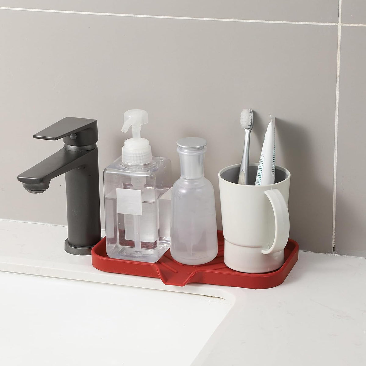 Silicone Bathroom Soap Dishes with Drain Spout-Bathroom and Kitchen Sink Organizer,Sponge Holder,Dish Soap Tray,Perfect for Dispenser,Scrubber,Bottle,Cup on Sink or Counter-Red 9.6"×5.3"