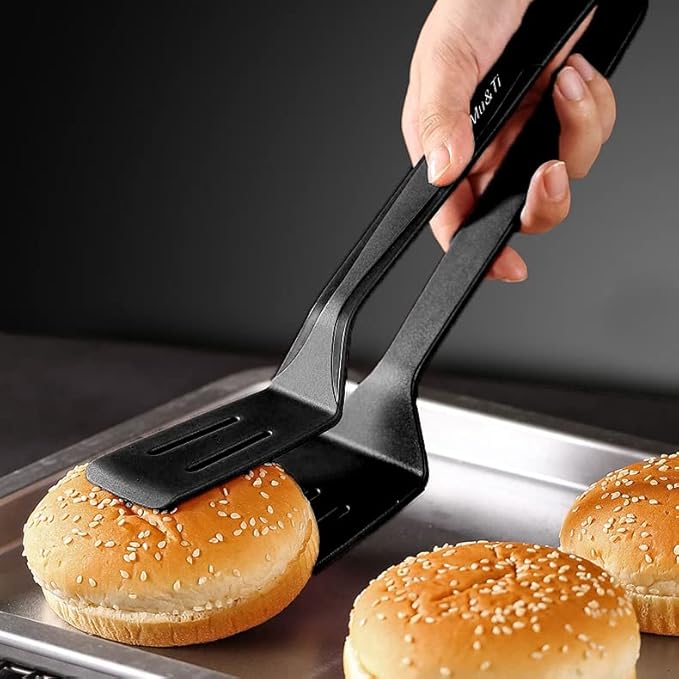 Mu&Ti Silicone Kitchen Tongs 2-in-1 11 In Premium Stainless Steel Barbecue Clamp Multipurpose BBQ Clamp Spatula for Gripper Bread Clip/Fried Steak Clamp/Flipping Fish/Beefsteak Flipper Two Set(Black)