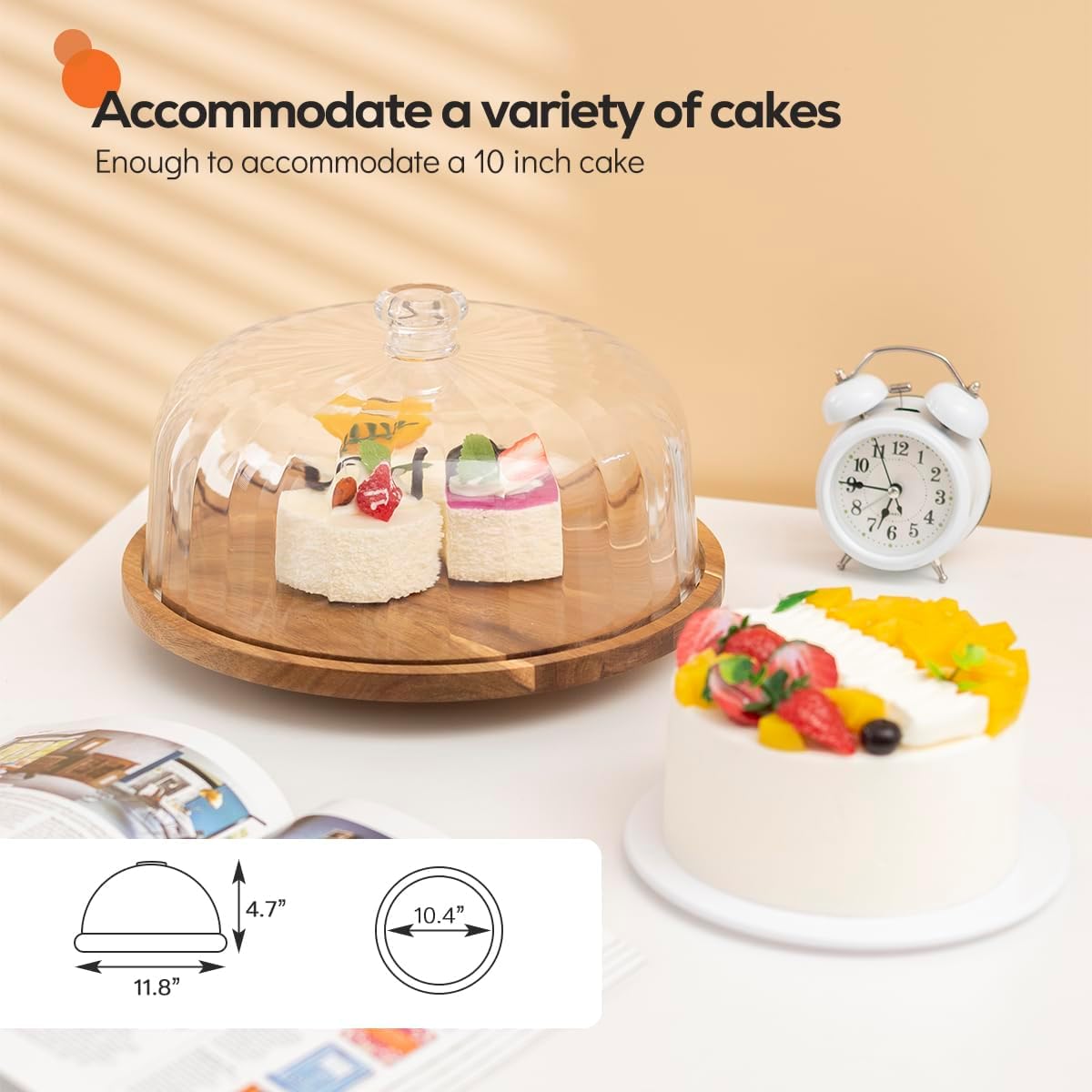 cutesun acacia wood cake stand with lid, 11.8'' Rotating Cake Stand with Dome, Shaterproof 10.4'' Acrylic Cake Display Cover, Cake Holder Tray for Wedding Gift,Kitchen,Birthday,Parties,Baking Gifts