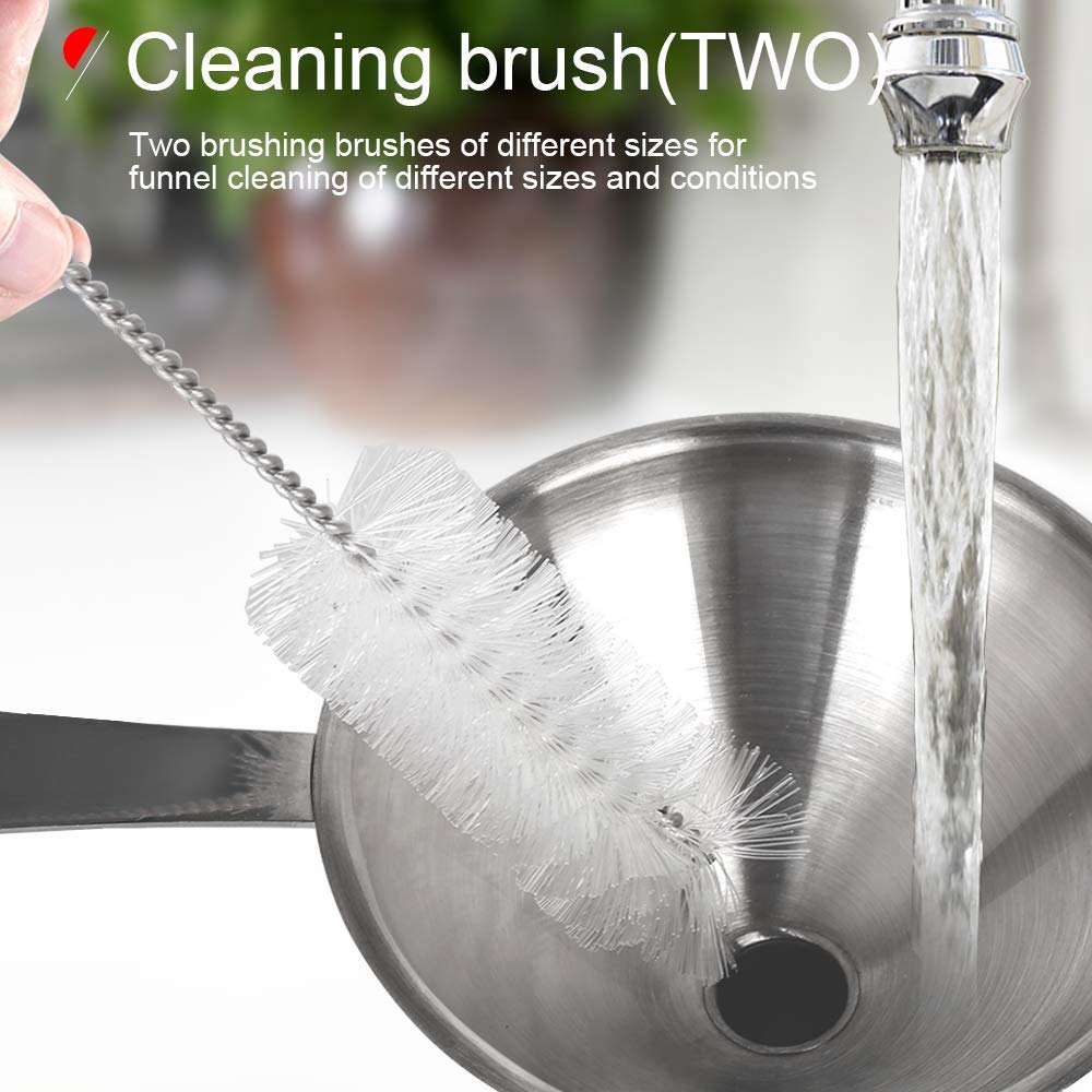 YGDZ Kitchen Funnel for Filling Bottles, 3pcs Metal Stainless Steel Small Mini Funnels for Essential Oils Liquid, Long Handle Funnel Set, 2pcs Cleaning Brushes