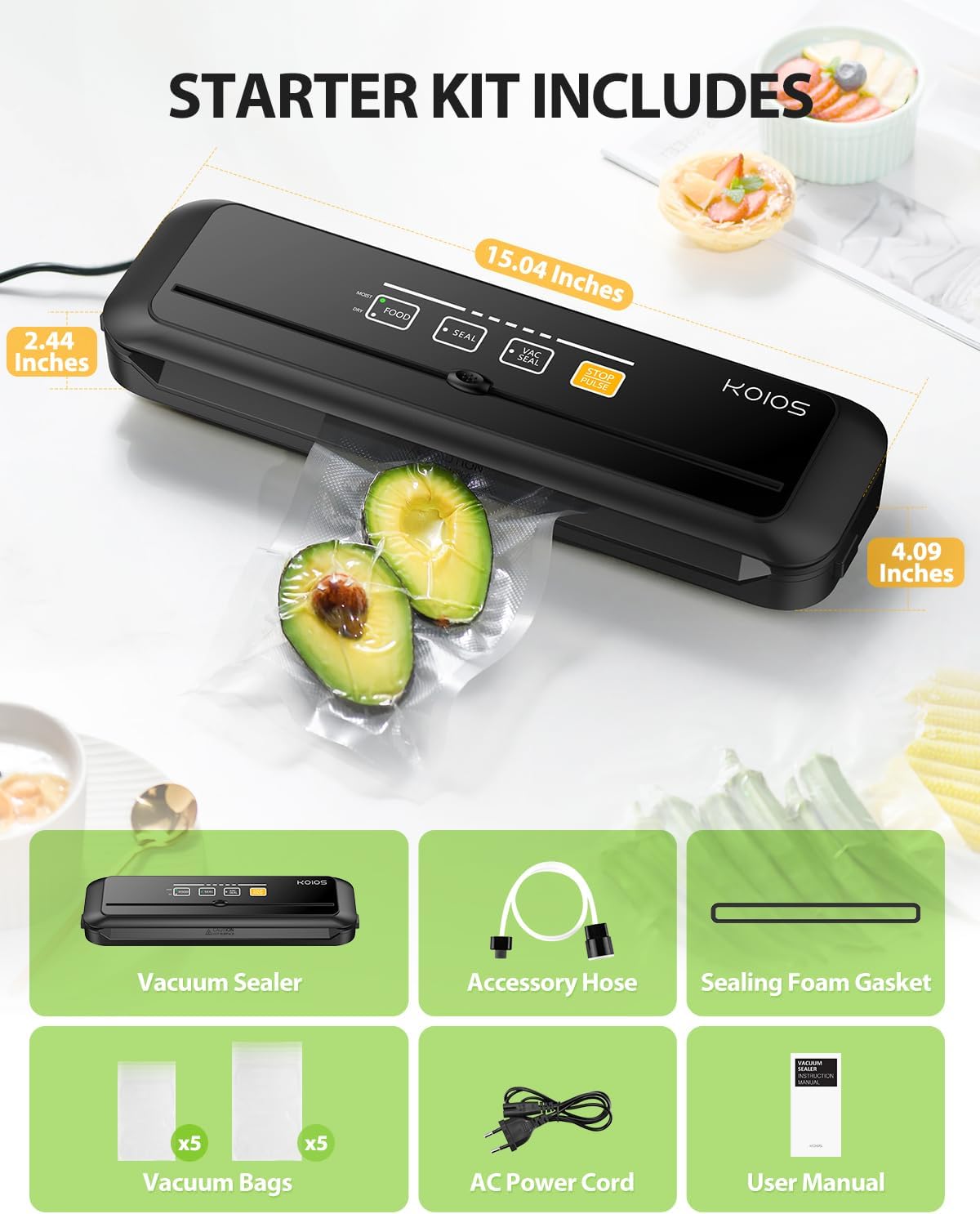 KOIOS Vacuum Sealer Machine, 90Kpa Automatic Vacuum Air food sealer/Built-in Cutter Starter Kit, Dry & Moist Food Preservation Modes, Pulse Function, LED Indicator Lights, Black