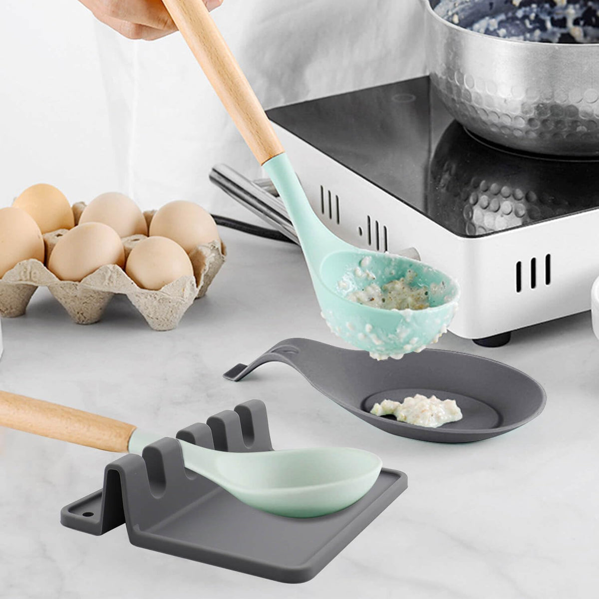 Kitchen Silicone Utensil Rest with Drip Pad-BPA-Free, Durable Spoon Rest-Heat-Resistant Spoon Rest for Stove Top - Kitchen Gadgets &Grill Utensil Holder-Grey 3 Pcs