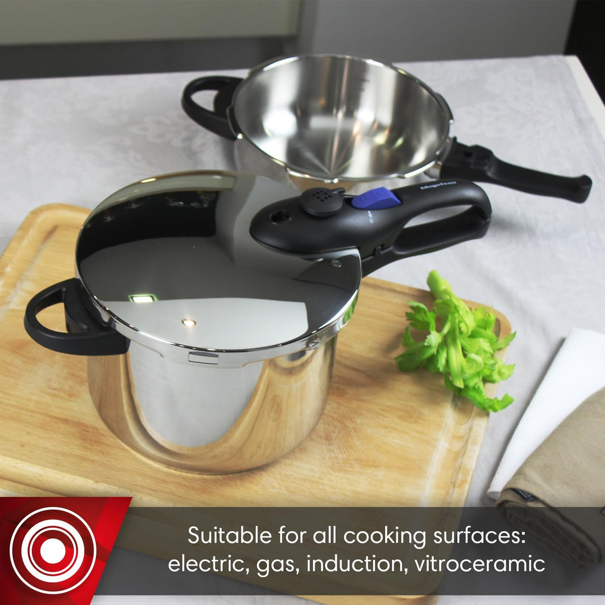 MAGEFESA Favorit Six Fast-Cooking Pressure Cooker Set, 3.2 Qt & 6.3 Qt, Stainless Steel, Induction Compatible, Heat Diffuser Base, 5 Safety Systems – Special Edition (Steam Basket, Lid & Recipe Book)