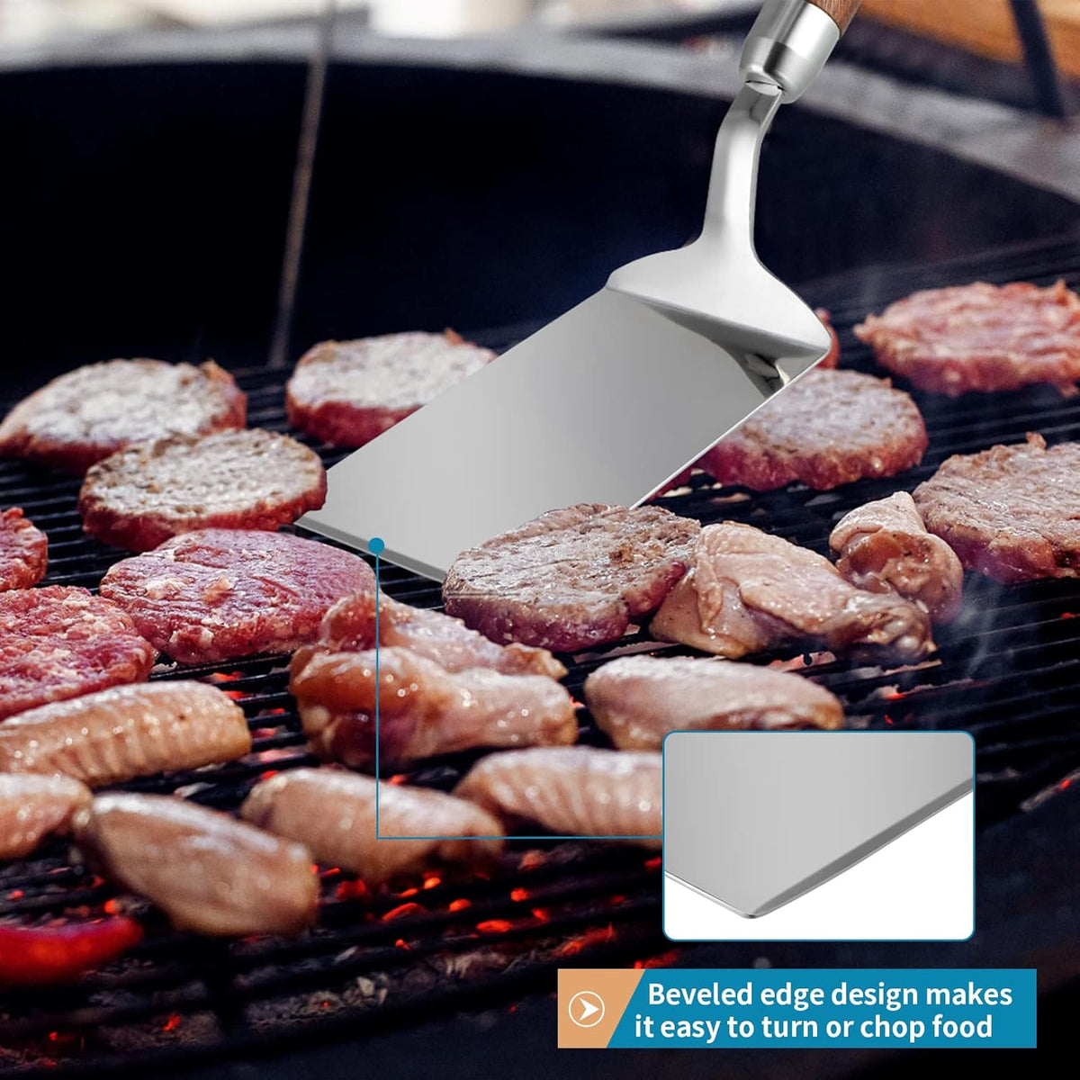 Stainless Steel Spatula with Wooden Handle, Nonstick Pancake Turner, Fried Egg Flipper for Cooking, Frying, Grilling, Baking, BBQ