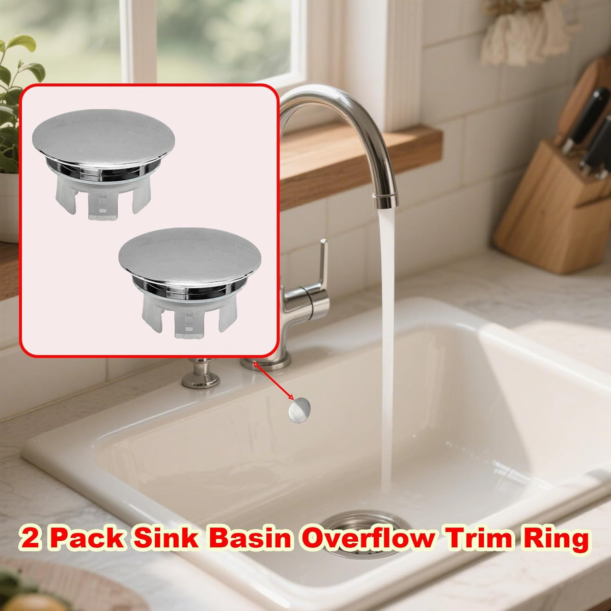 2 Pack Sink Basin Overflow Trim Ring,Solid Brass Bathroom Sink Trim Overflow Cover,Bathroom Kitchen Sink Trim Overfollow Cover Insert in Hole Round Caps(Silver)