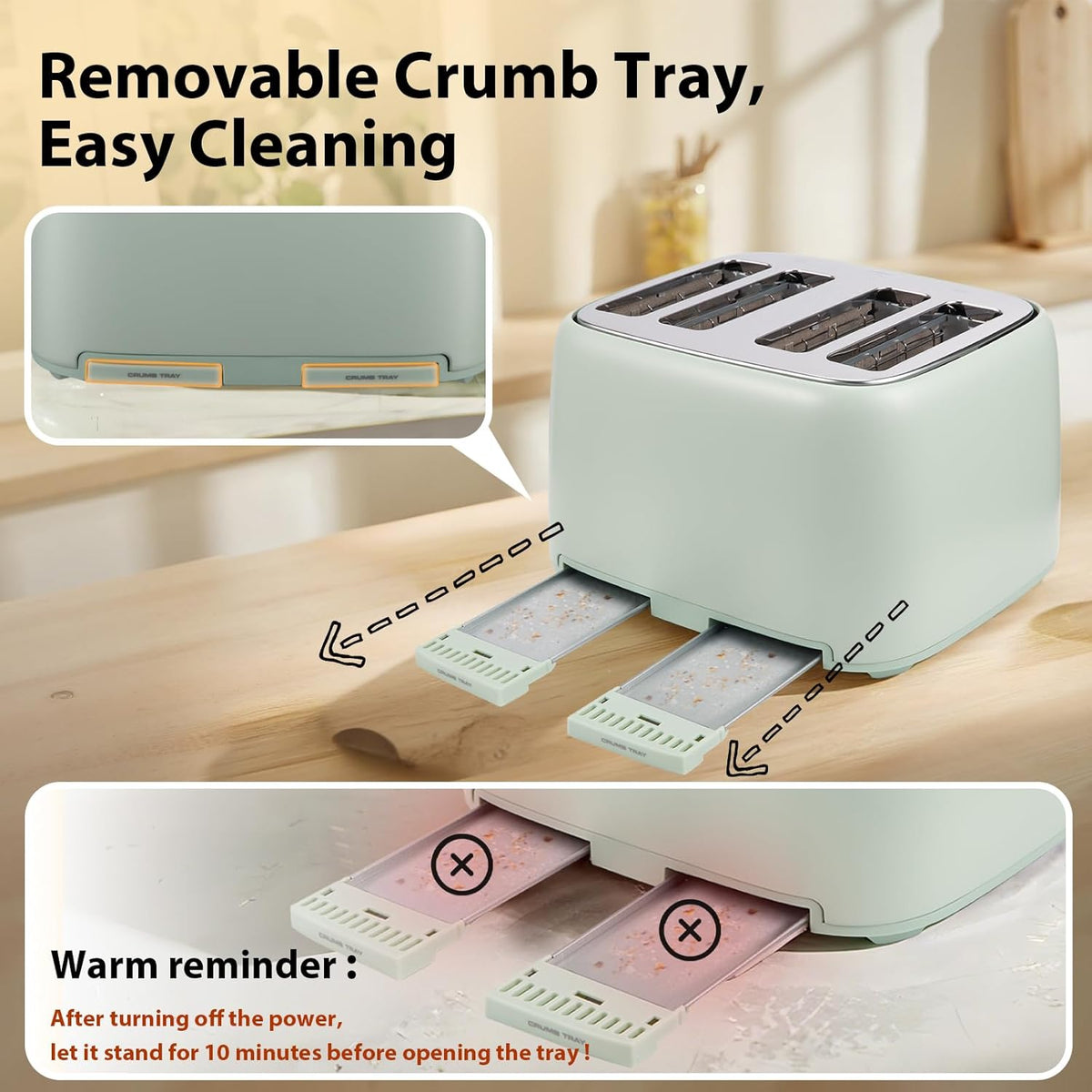 4-Slice Toaster 1.5" Extra Wide Slot Stainless Steel with High Lift Lever, 6 Presets & Bagel/Defrost/Cancel Function, Removal Crumb Tray, Under Base Cord Storage, Green