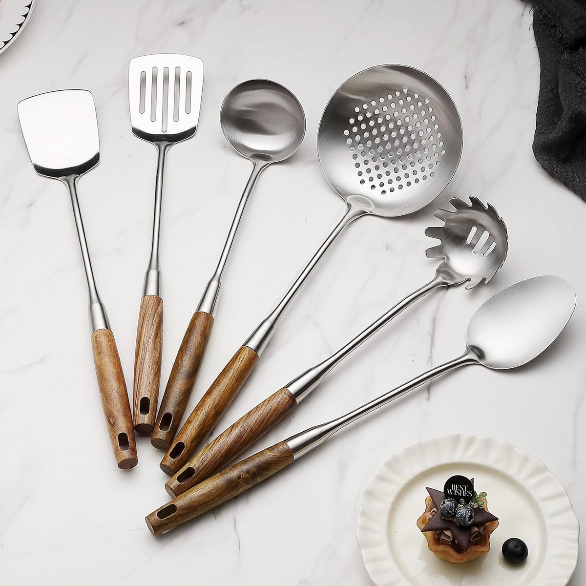 Lazycorner 304 Wooden Handle Stainlss Steel Kitchen Utensils Set 6 Pcs Cooking Utensils Set Heat Resistant Wooden Handle Kitchen Tools, Stainless Steel Wok Spatula