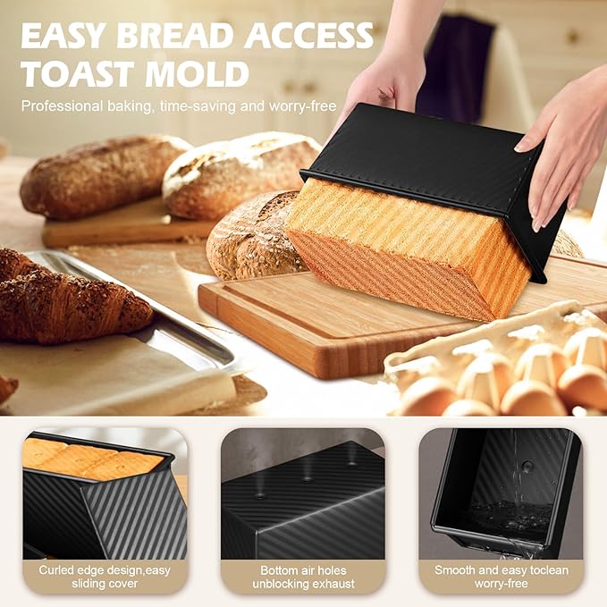2Pack Bread Pan with Lids – 2.2 LB & 1 LB Dough Capacity, Non-Stick Carbon Steel Bread Pans for Homemade Sandwich and Sourdough Bread, Corrugated Toast Mold Black