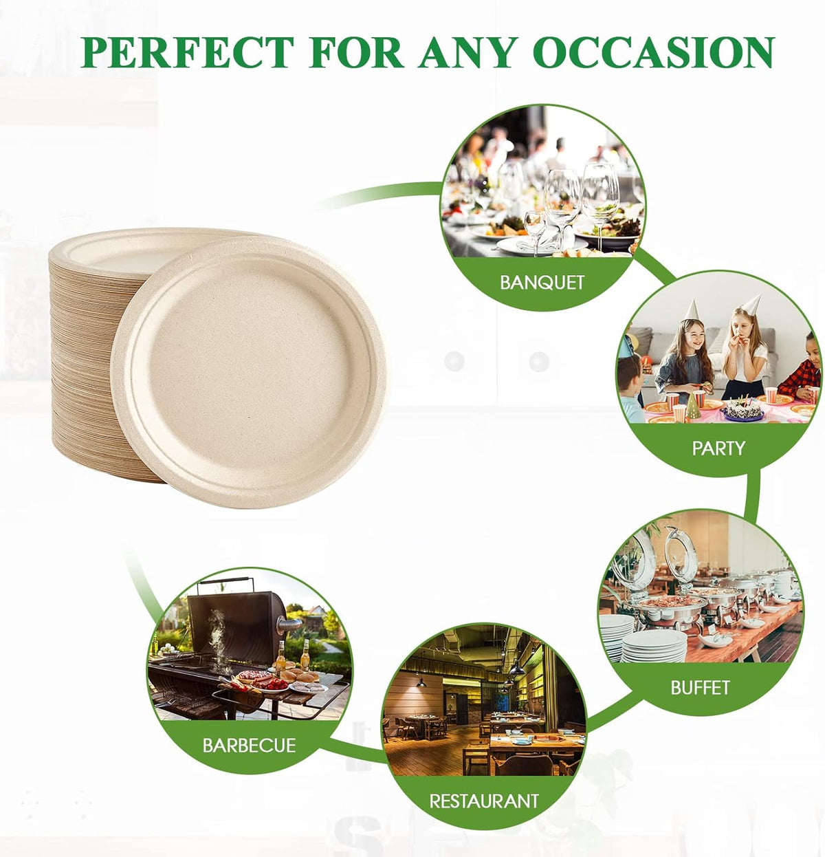 Vplus 150 Pack Paper Plates 9 inch 100% Compostable, Heavy-Duty Disposable Paper Plates Bagasse Natural Biodegradable Eco-Friendly Sugarcane