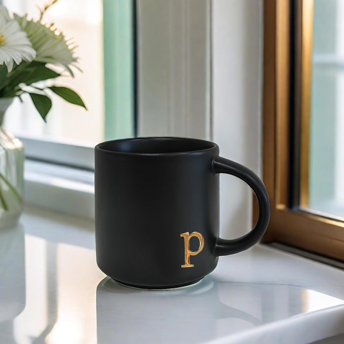 COLLECTIVE HOME - Black Monogram Ceramic Mugs, 15 oz Golden Initial Coffee Cups, Elegant Alphabet Tea Mugs, Personalized Halloween Mug with Gift Box, Perfect for Office and Home Décor (p)