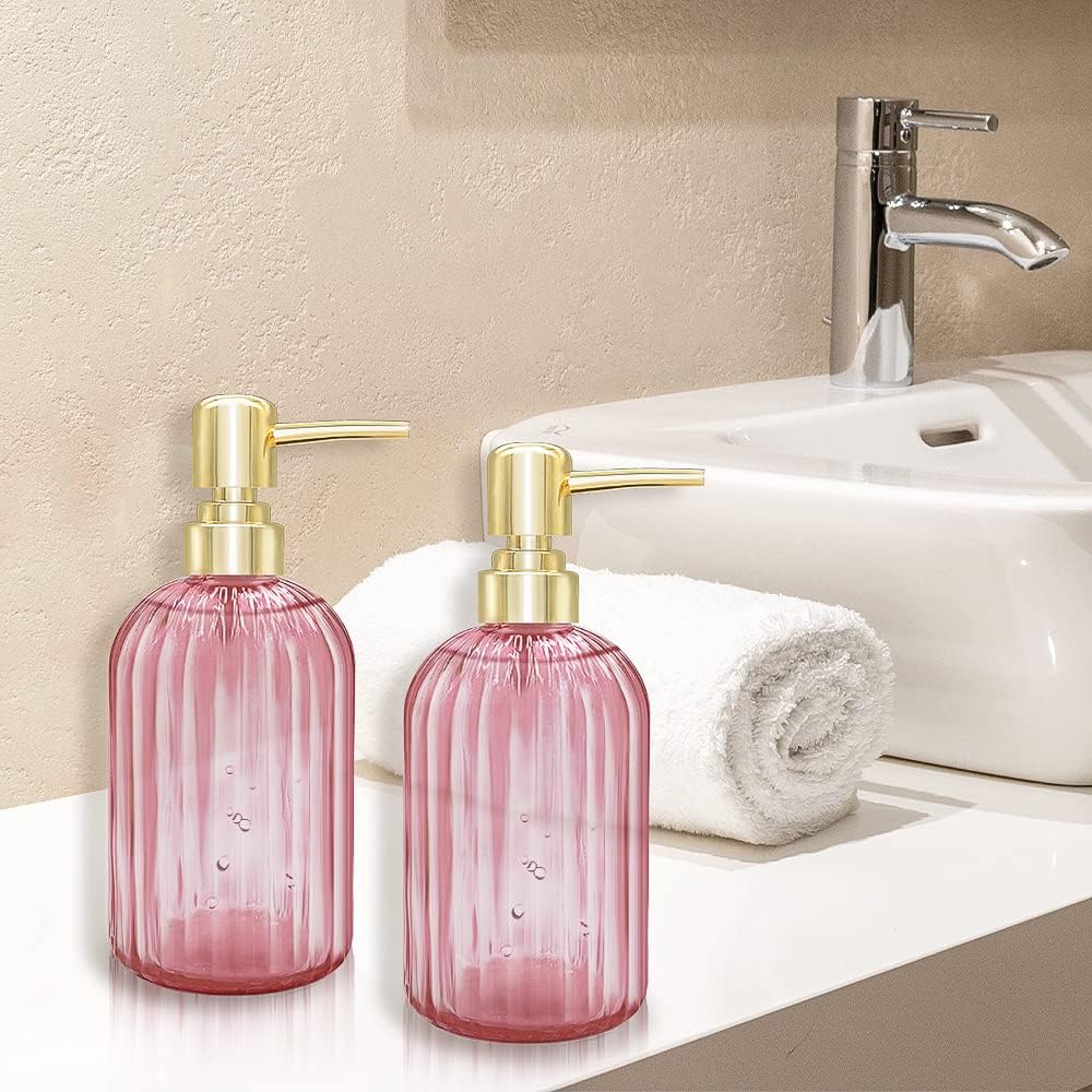 Soap Dispenser - 2 Pack 14 Oz Kitchen Soap Dispenser with Pump, Bathroom Transparent Soap Dispenser Bottle for Hand Soap, Dish Soap or Lotion (Pink)