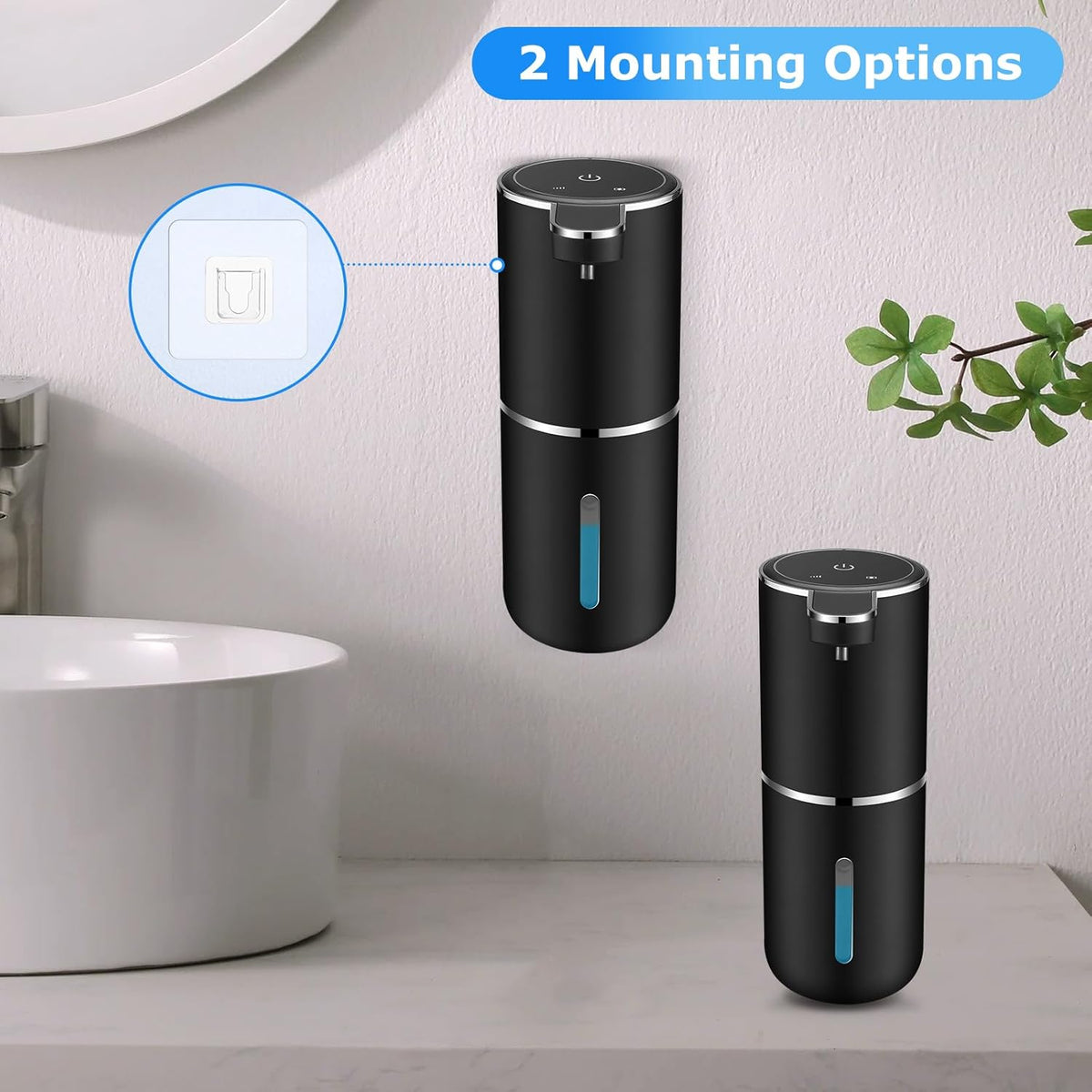 2 Pack Automatic Soap Dispensers,12.8oz/380ml USB Touchless Automatic Foaming Soap Dispenser,Rechargeabled Wall Mounted Smart Soap Dispenser for Bathroom Kitchen Dish Soap(Black)
