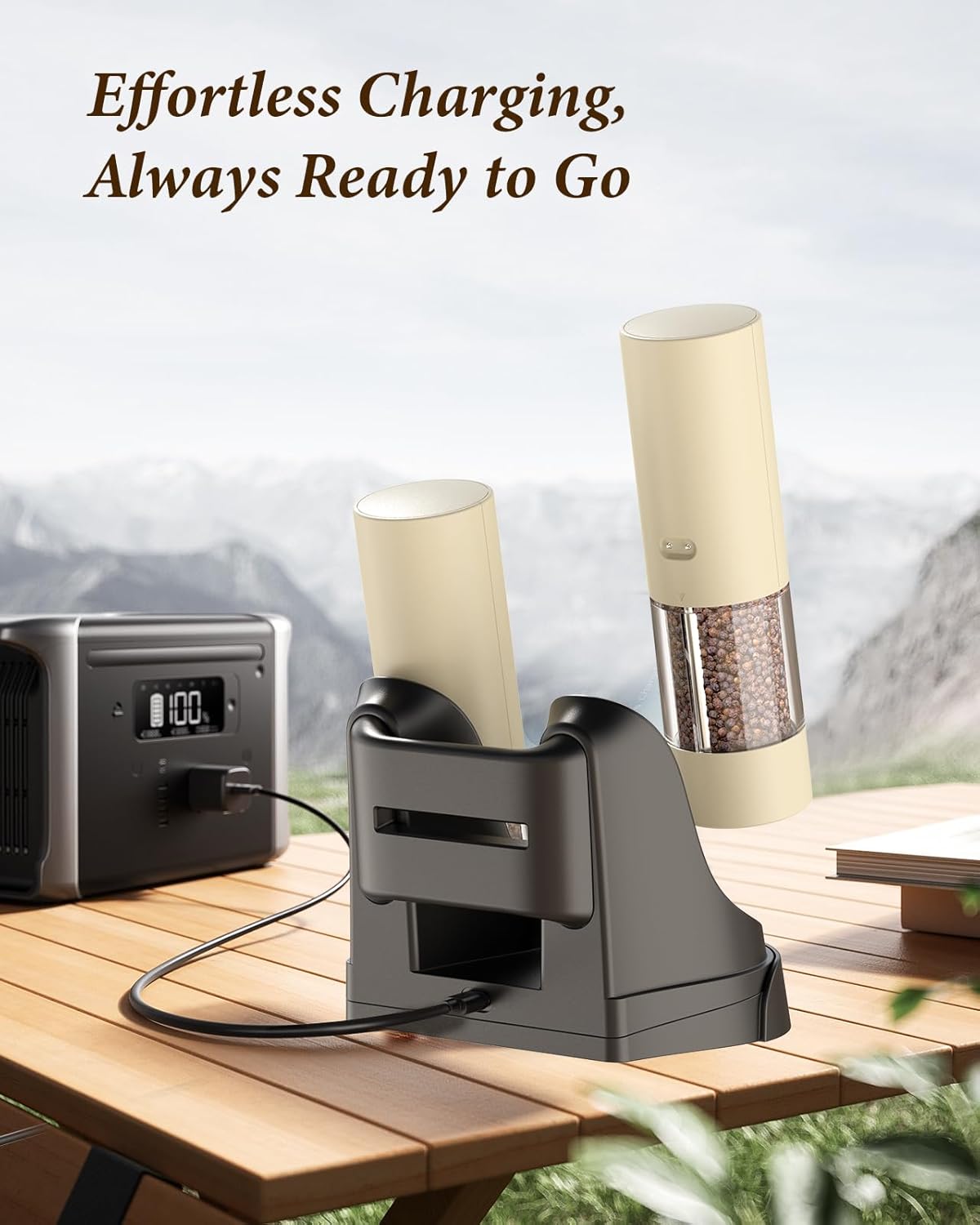 Electric Salt and Pepper Grinder Set - Automatic Refillable Salt and Pepper Grinders with Charging Base & LED Light, 6-Level Adjustable Coarseness with External Dial, Ideal Kitchen Gadget,Beige