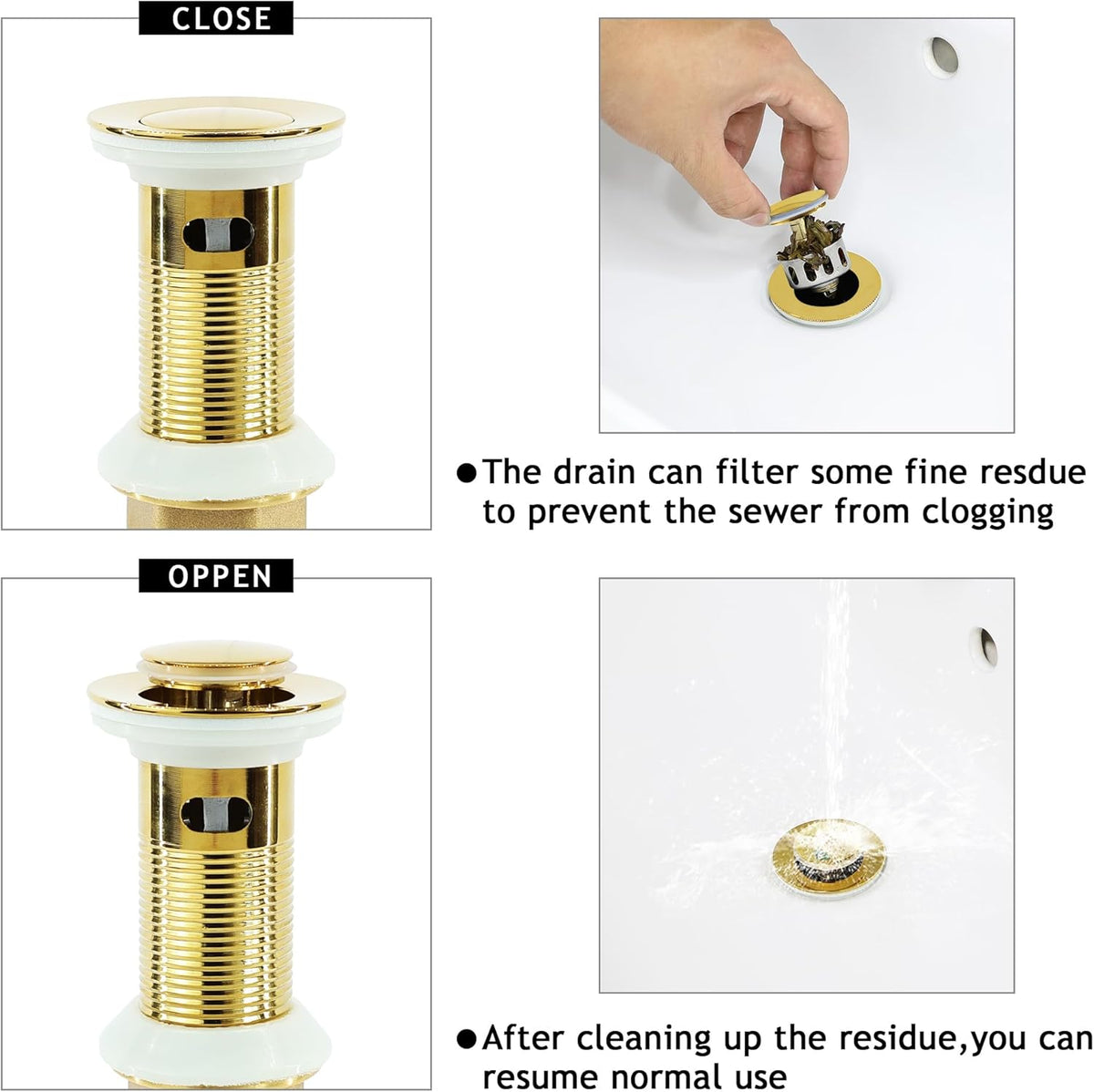 Bathroom Sink Drain,Drain Stopper Gold Stainless Steel Bathroom Sink with Overflow,Small Cap Pop Up Drain Assembly with Detachable Strainer Basket,Built-in Anti-Clogging