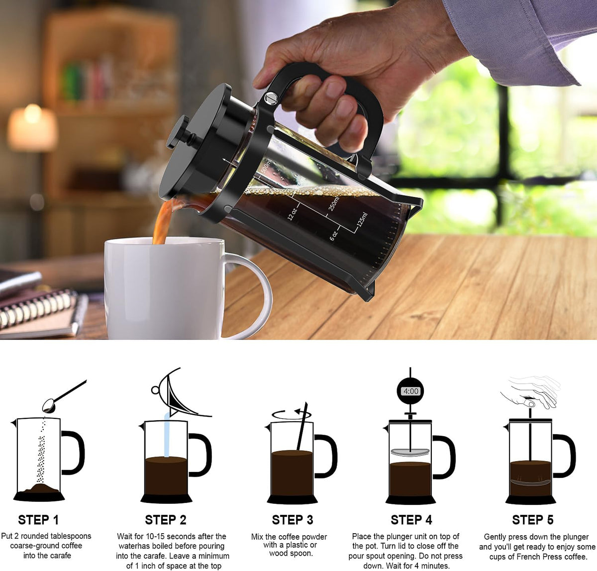 QUQIYSO French Press Coffee Maker 304 Stainless Steel French Press with 4 Filter, Heat Resistant Durable, Easy to Clean, Borosilicate Glass Coffee Press, 100% BPA Free Glass Teapot, 21 ounce, Black