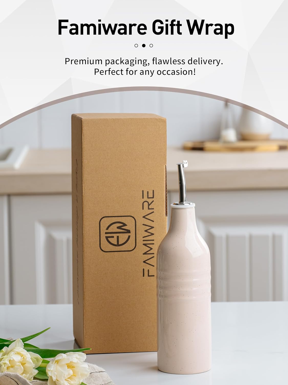 famiware Jupiter 16oz Ceramic Olive Oil Dispenser Bottle, 1 Piece Oil Dispenser for Kitchen with Stainless Steel Pourers, Suitable for Storage Vinegar, Soy Sauce, Coffee Syrup, Light Pink