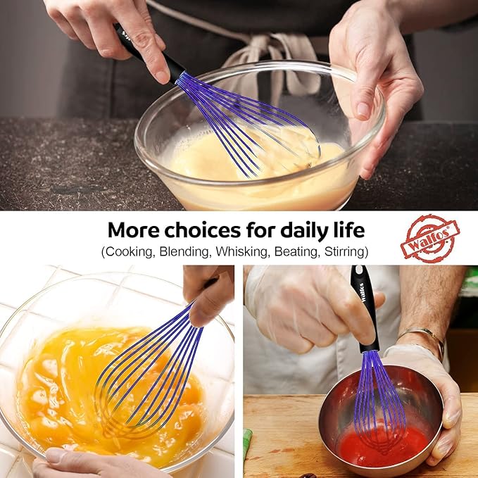 Walfos Whisk,7+9+11in Silicone Whisks for Cooking Non Scatch,Kitchen Whisk,BPA Free and Heat Resistant 480°F,Wisk Perfect for Frothing,Blending,Beating.Dishwasher Safe 3pcs Dark Purple