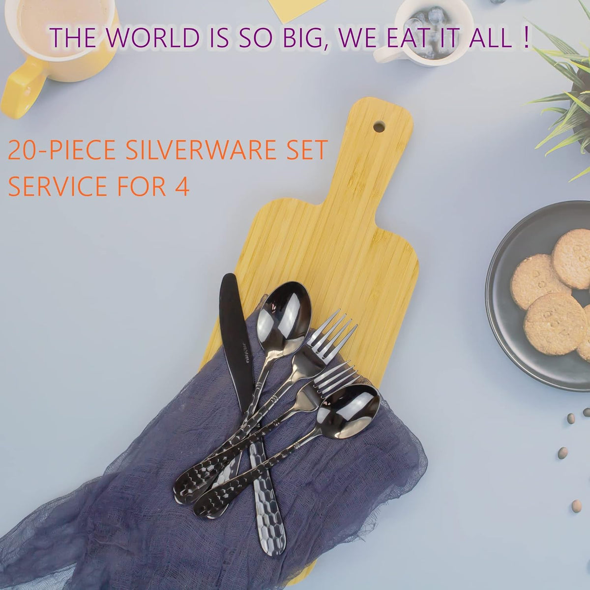 Hammered Silverware Set for 4, 20-Piece Black Flatware, 18/10 Stainless Steel Include Knife/Fork/Spoon, Tableware for Kitchen Restaurant, Dishwasher Safe (Black)