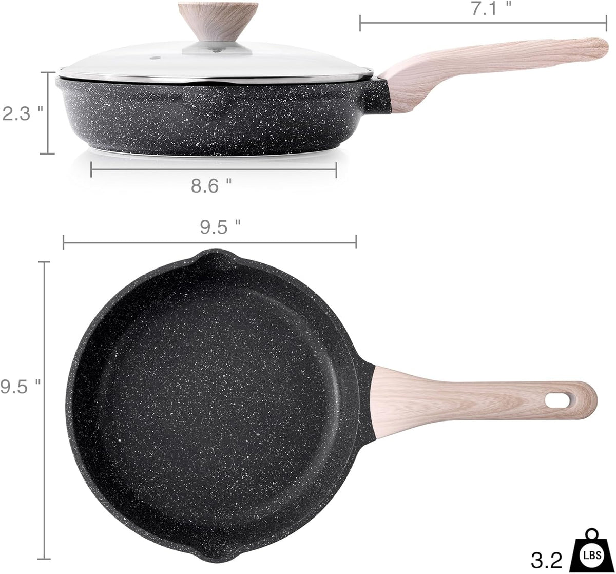 Nonstick Frying Pan Skillet with Lid, 9.5 Inch Granite Egg Omelet Pan, Healthy and Non Toxic, Induction Compatible, PFOA Free