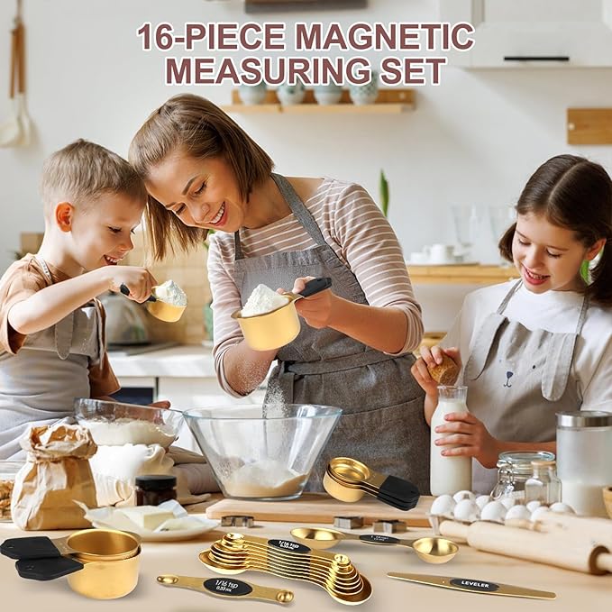 16-Piece Stainless Steel Measuring Cups and Spoons Set, Strong Magnetic Nesting Design 7 Cups 8 Spoons with Leveler, Double Measurement Markings for Dry & Liquid Ingredients, Gold