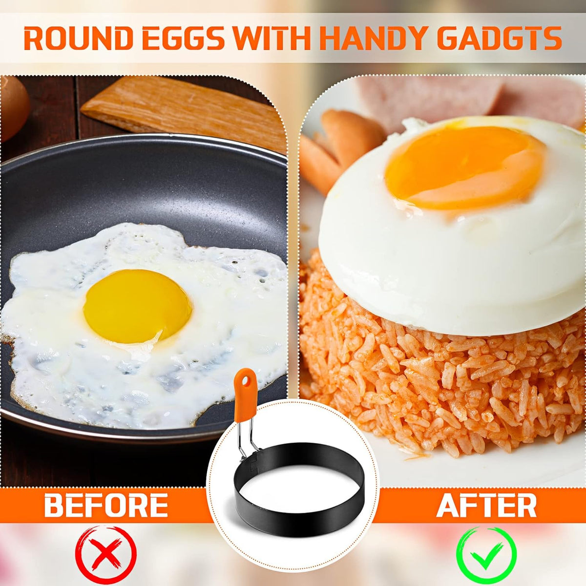 Patelai 6 Pcs Professional Egg Ring Pancake Ring Set Stainless Steel Fried Egg Molds Griddle Pancake Shapers with Orange Silicone Handle for Breakfast Omelette Sandwich(4 Inch)