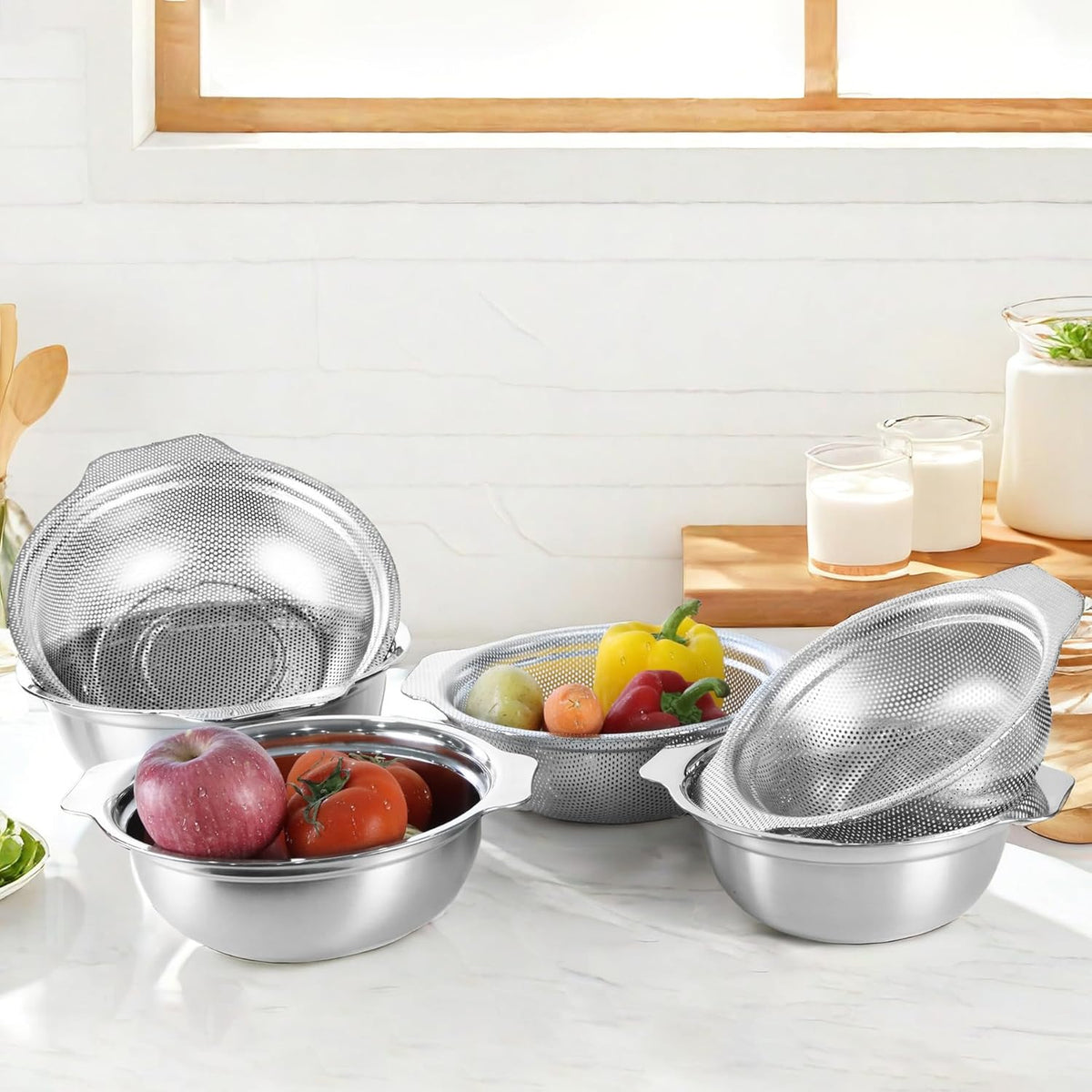 Stainless Steel Colander for Kitchen, 2.5QT Rice Washer Strainer with Mixing Bowl, Colander Bowl Set with Microporous for Washing Rice, Pasta, Spaghetti, Fruits, Dishwasher Safe(2PC)