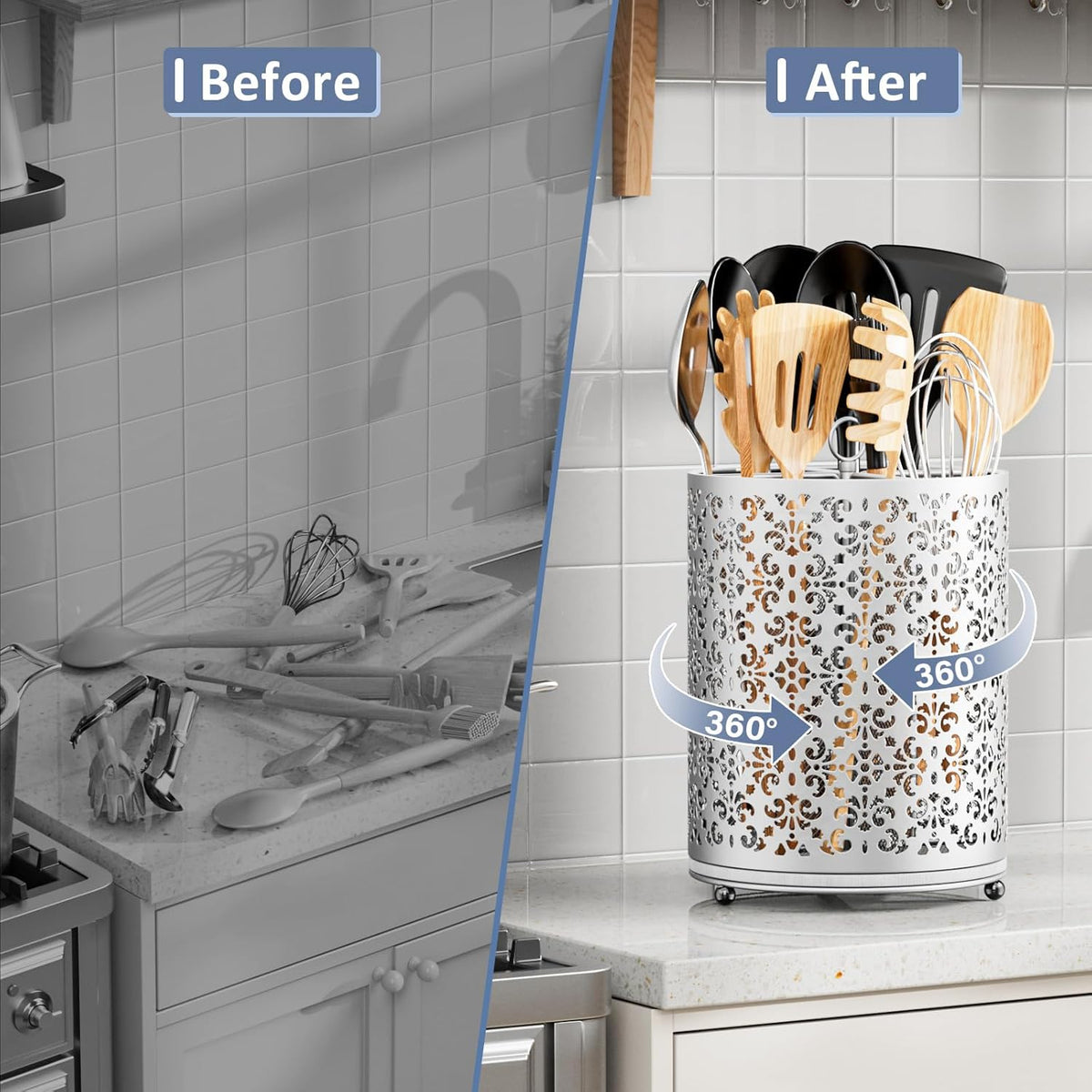 Extra Large Utensil Holder - 360° Rotating Cooking Utensils Caddy Countertop Organizer with Instant-Dry and Removable Base for Kitchen Tools