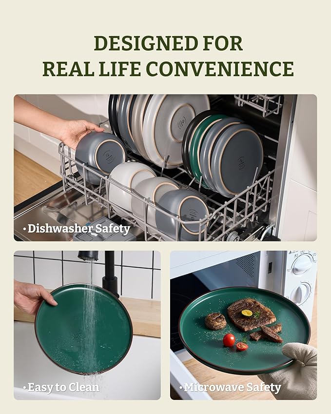 Famiware Mercury Plates and Bowls Sets, 12 Pieces Stoneware Dinnerware Sets, Dishes Set for 4, Microwave and Dishwasher Safe, Dark Green