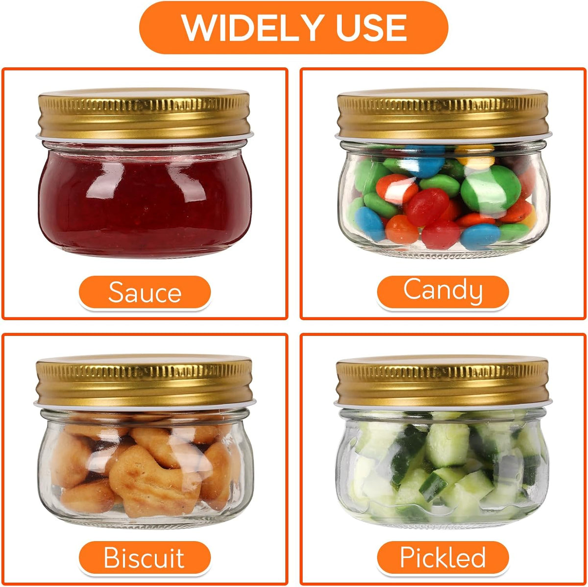 4 oz Mason Jars With Gold Lids, 24 Pack Regular Mouth Canning Jars for Jam, Honey, Yogurt, Spices, Snacks, DIY Projects, Wedding Favors- Includes 30 Stickers