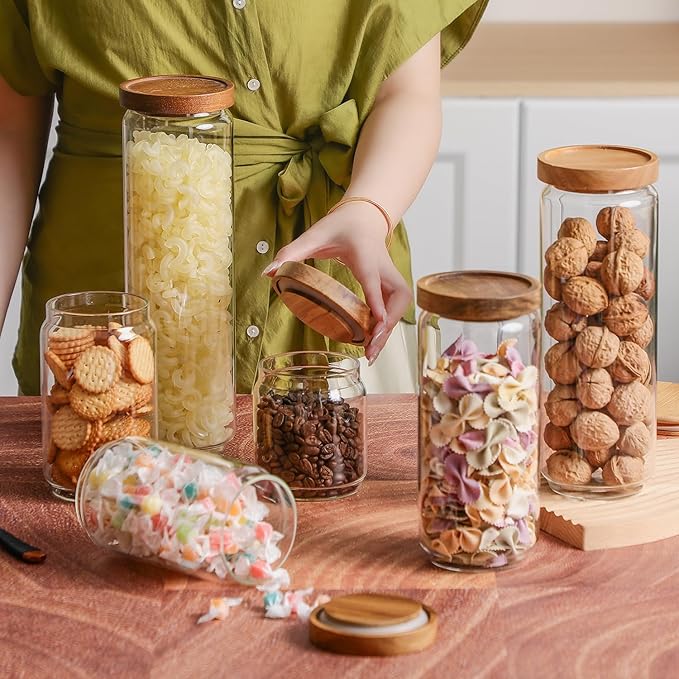 Glass Storage Containers Set, High Borosilicate Glass Jars with Wooden Lids Kitchen Food Canisters s for Coffee Beans/Sugar/Noodles/Nuts/Cookies/Pasta
