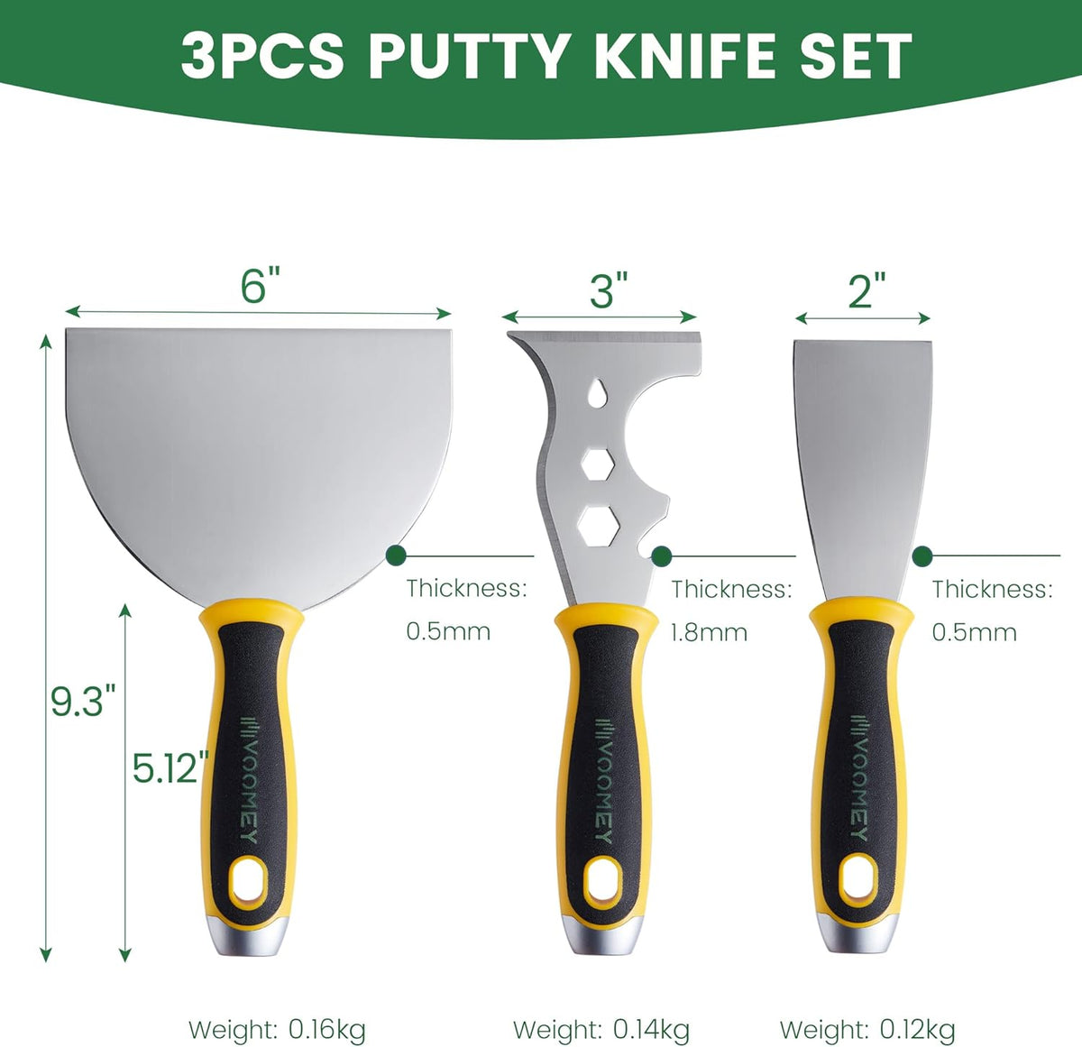 Voomey Putty Knife Set 3 Pack, Stainless Steel Paint Scraper and Spackle Knife Drywall Tools for Wallpaper Removal, Drywall Repair, and Painting Projects