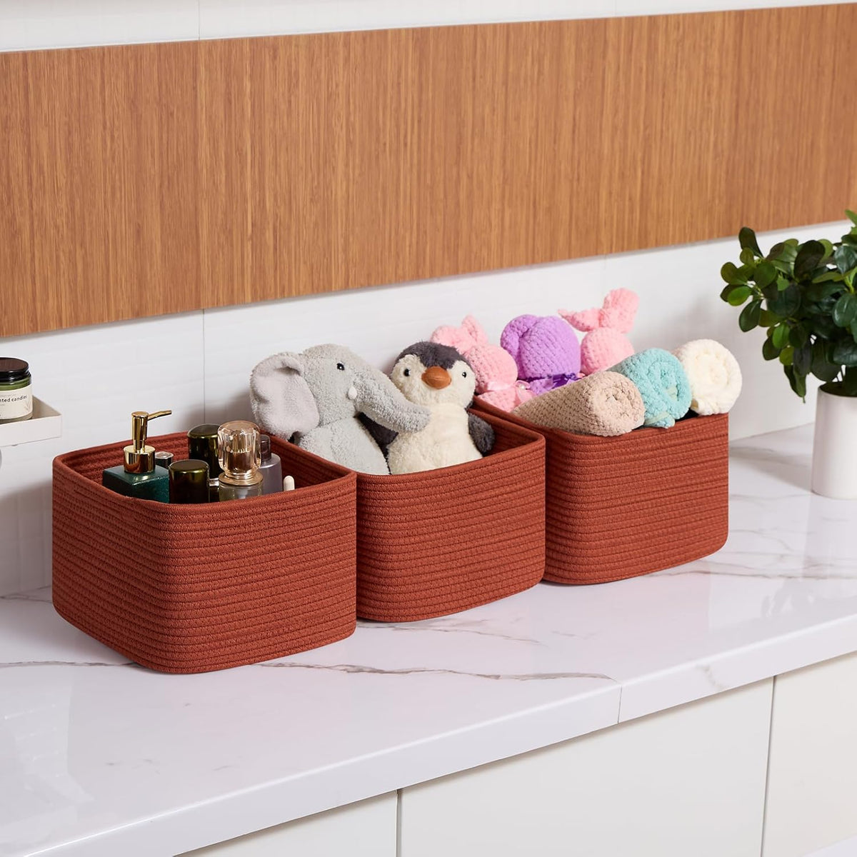 Small Organizing Baskets for Cubes Shelf, 9.7x9.7x7.1 Inch Rope Woven Storage Bins for Nursery Shelves Storage, Cute Toy Basket, Square 3 Packs Oxide Red